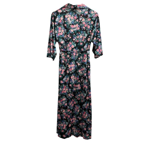 Vintage Vanity Robe Womens M Black Floral Satin Lace Trim Sweep‎ Peignoir Lounge - Picture 2 of 5